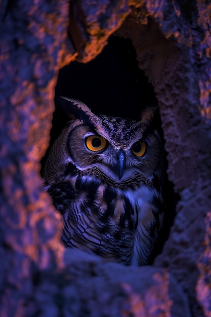 Vista fotorrealista del pájaro búho por la noche