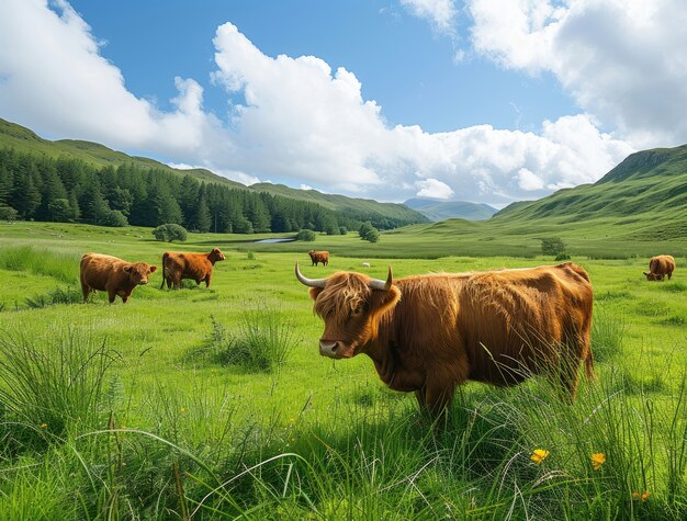 Vista fotorrealista del pastoreo de vacas en la naturaleza al aire libre