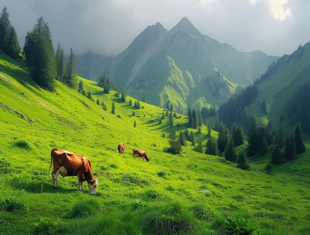 Vista fotorrealista del pastoreo de vacas en la naturaleza al aire libre