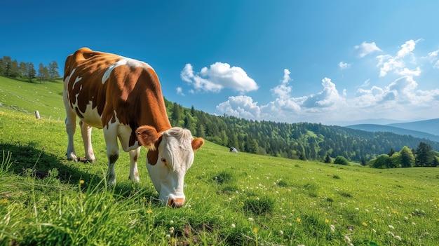 Vista fotorrealista del pastoreo de vacas en la naturaleza al aire libre