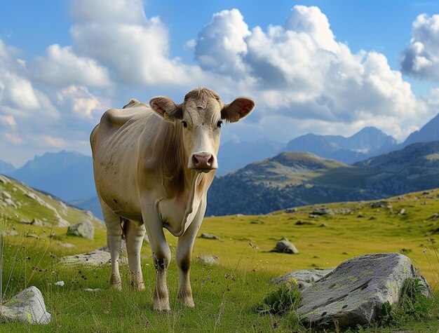 Vista fotorrealista del pastoreo de vacas en la naturaleza al aire libre