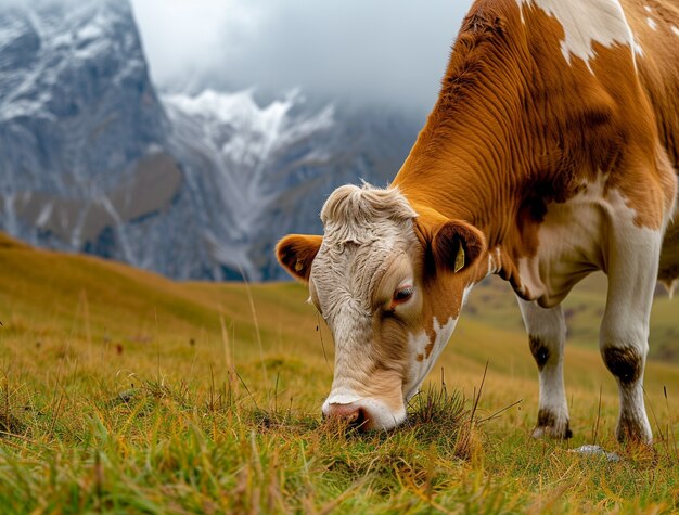 Vista fotorrealista del pastoreo de vacas en la naturaleza al aire libre