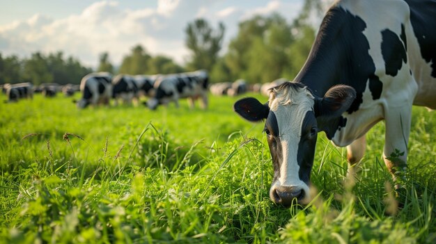 Vista fotorrealista del pastoreo de vacas en la naturaleza al aire libre