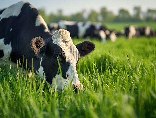 Vista fotorrealista del pastoreo de vacas en la naturaleza al aire libre