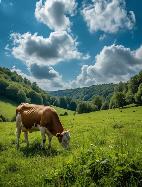 Vista fotorrealista del pastoreo de vacas en la naturaleza al aire libre