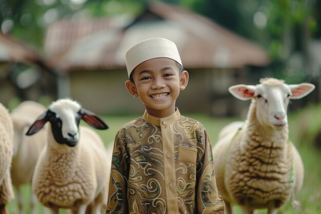 Foto gratuita vista fotorrealista de personas musulmanas con animales preparados para la ofrenda del eid al-adha