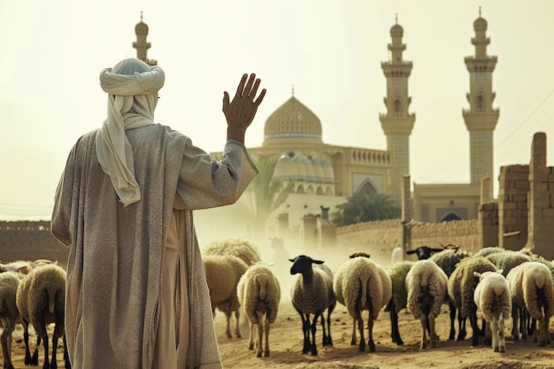Vista fotorrealista de personas musulmanas con animales preparados para la ofrenda del Eid al-adha