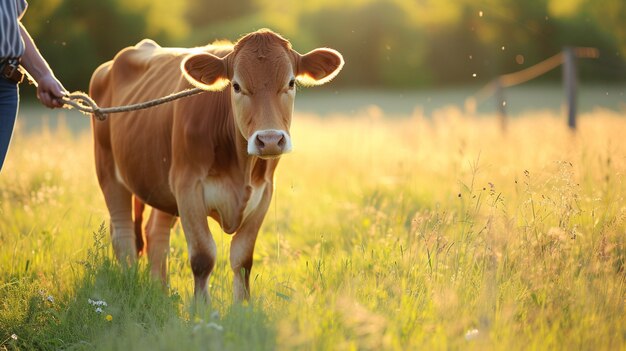 Vista fotorrealista de una vaca caminando por el campo con un granjero