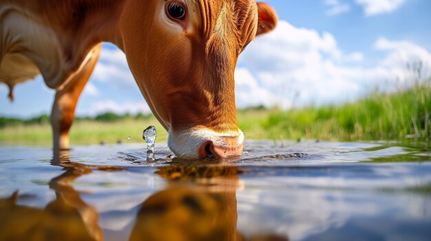 Vista fotorrealista de las vacas bebiendo agua