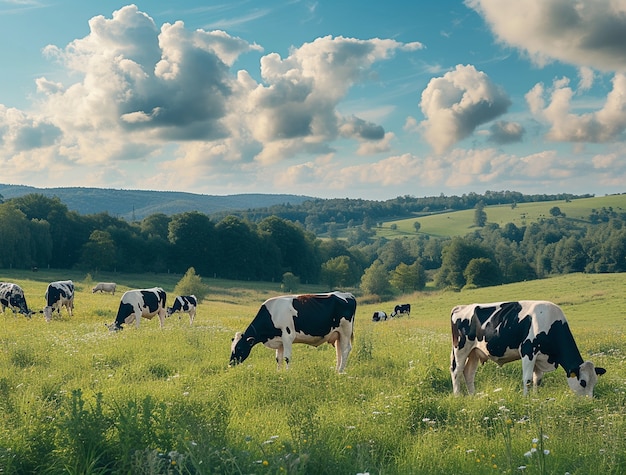 Vista fotorrealista de las vacas pastando al aire libre