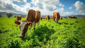 Foto gratuita vista fotorrealista de vacas pastando en la naturaleza al aire libre