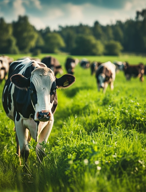 Vista fotorrealista de vacas pastando en la naturaleza al aire libre