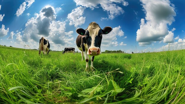 Vista fotorrealista de vacas pastando en la naturaleza al aire libre