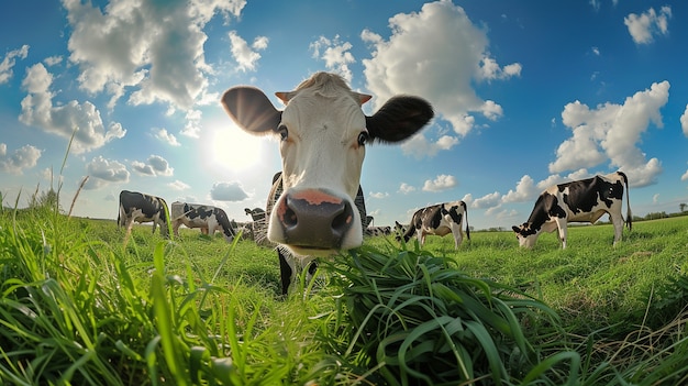 Vista fotorrealista de vacas pastando en la naturaleza al aire libre