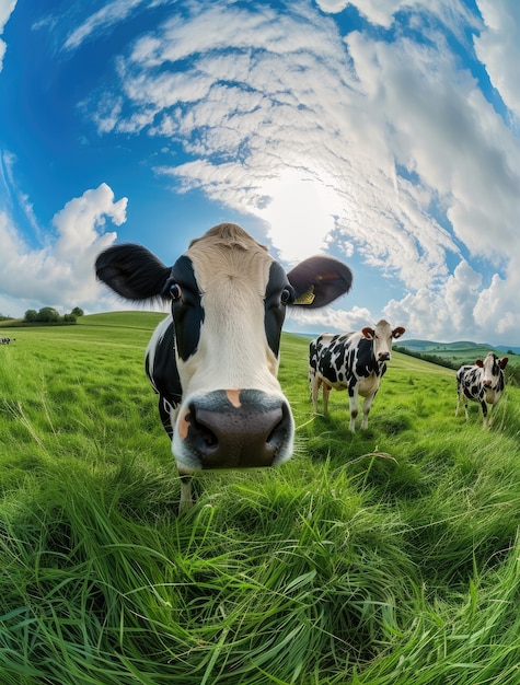 Vista fotorrealista de vacas pastando en la naturaleza al aire libre