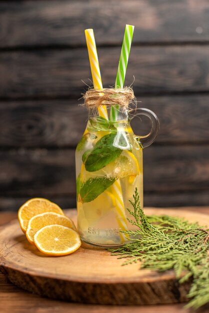 Vista frontal de agua de desintoxicación fresca en un vaso servido con tubos y limones en una bandeja marrón