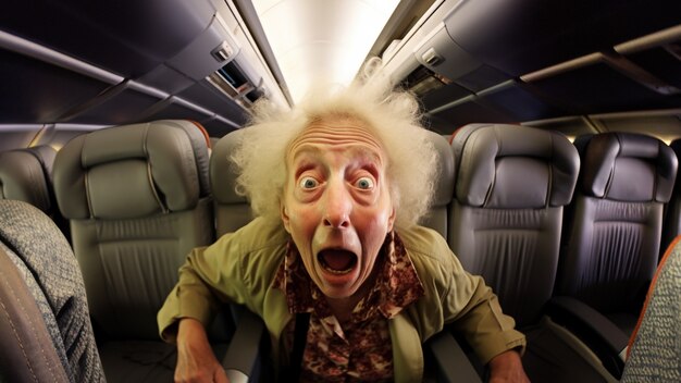 Vista frontal anciana experimentando ansiedad en el avión