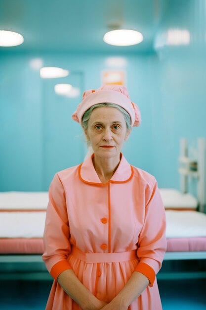 Vista frontal de una anciana que trabaja como enfermera
