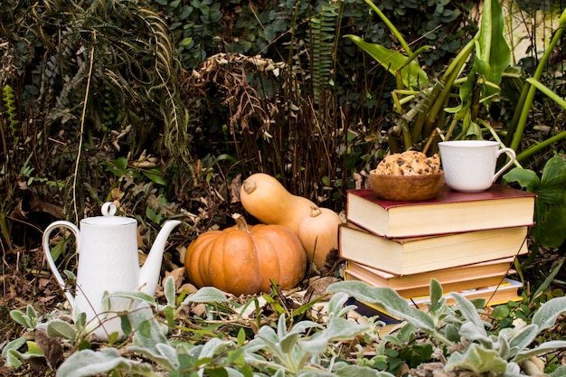 Vista frontal arreglo de temporada de otoño con calabazas