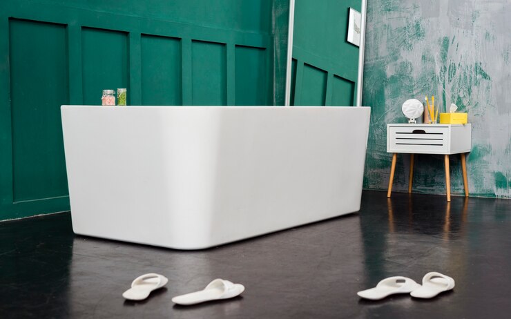 Foto gratuito vista frontal del baño con espejo y zapatillas.