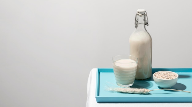 Vista frontal de la botella de leche en bandeja con vidrio y avena