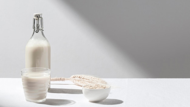 Vista frontal de la botella de leche con vaso lleno y tazón de avena con espacio de copia