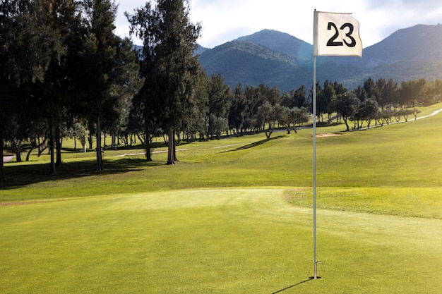 Vista frontal del campo de golf con bandera