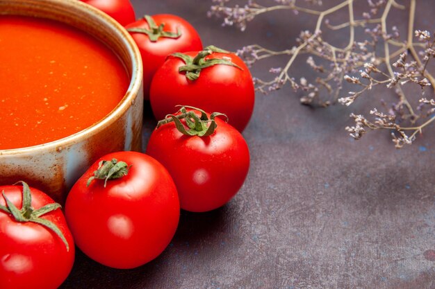 Vista frontal cercana deliciosa sopa de tomate en un círculo con tomates rojos frescos en el espacio oscuro