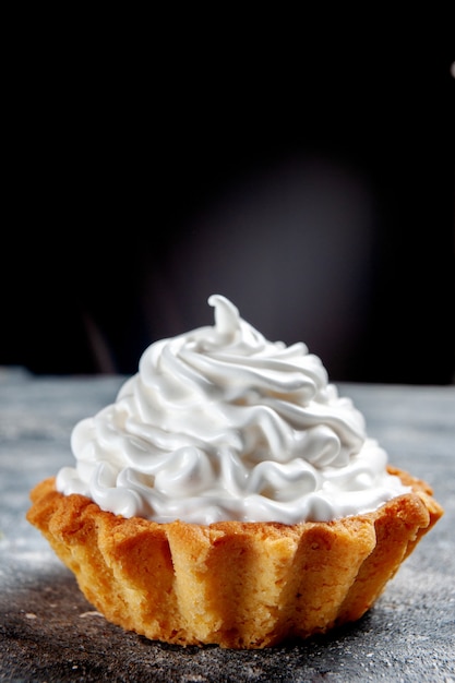 Vista frontal cercana poco pastel cremoso horneado delicioso aislado en gris, pastel de galleta crema de azúcar dulce