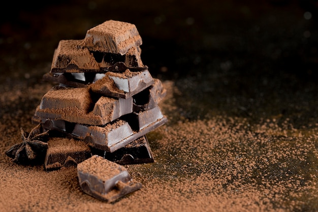 Vista frontal de chocolate con cacao en polvo