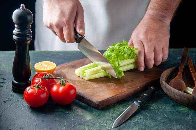 Vista frontal del cocinero masculino cortando el apio en una pared oscura ensalada de comida de dieta fotografía colores de la salud de los alimentos