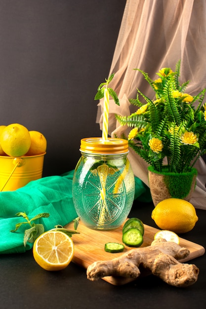 Una vista frontal cóctel de limón bebida fresca fresca dentro de la copa de vidrio en rodajas y limones enteros pepinos junto con flores en el fondo oscuro cóctel bebida fruta