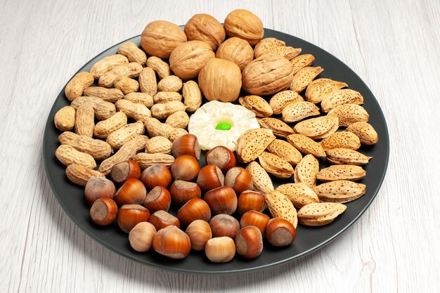 Vista frontal de la composición de nueces nueces frescas, maní y avellanas dentro de la placa en el escritorio blanco árbol de nueces planta de bocadillos muchos shell