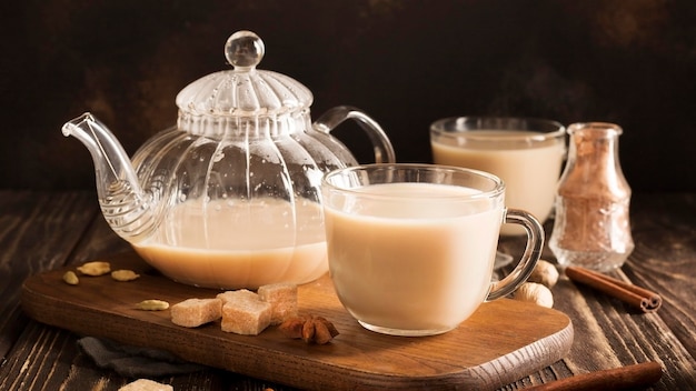 Vista frontal del concepto de té con leche en la mesa de madera