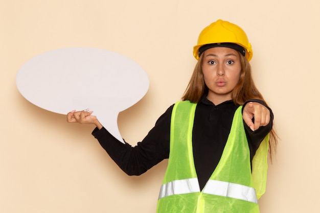 Vista frontal del constructor femenino en casco amarillo con cartel blanco en el escritorio blanco arquitecto femenino