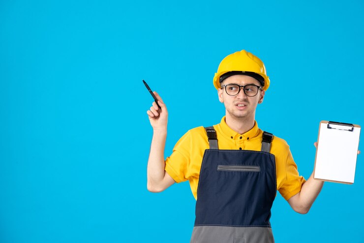 Foto gratuito vista frontal del constructor masculino en uniforme con nota de archivo en sus manos en la pared azul