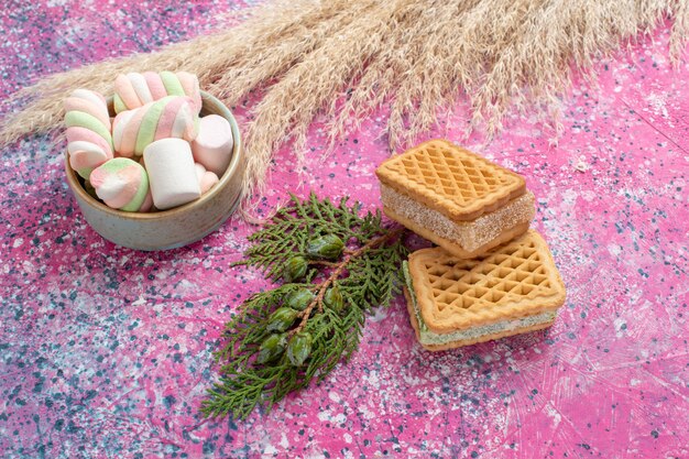 Vista frontal de deliciosas galletas waffle con marshallows en escritorio rosa