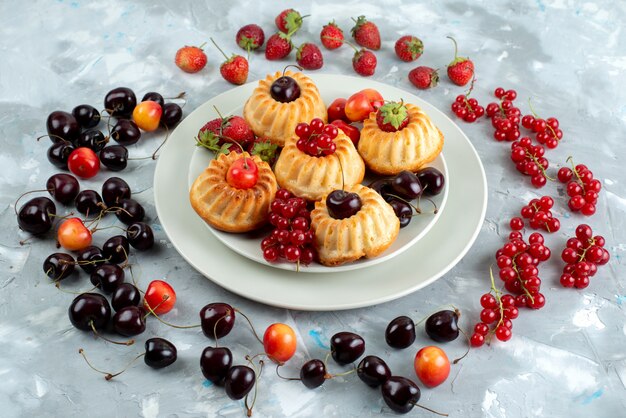 Una vista frontal deliciosos pasteles con frutos rojos suaves y jugosos dentro de la placa blanca en la mesa de luz pastel de frutas de baya