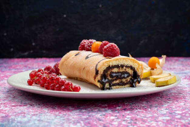 Vista frontal de deliciosos rollos de chocolate con arándanos dentro de un plato blanco