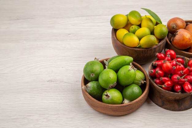 Vista frontal de diferentes frutas frescas dentro de las placas sobre fondo blanco color tropical vida sana árbol de bayas exóticas