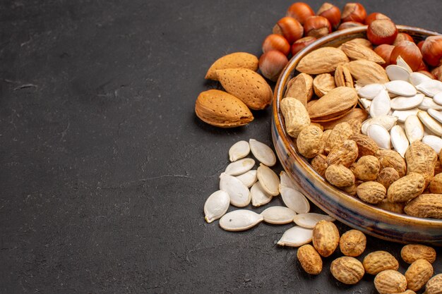 Vista frontal de diferentes nueces nueces frescas dentro de la bandeja sobre una superficie oscura