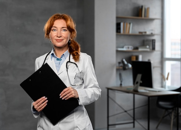 Vista frontal de la doctora sosteniendo el portapapeles con espacio de copia