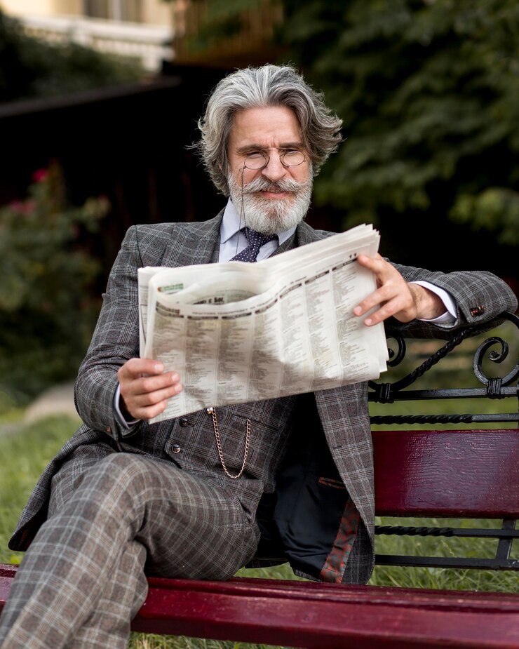 Foto gratuito vista frontal elegante periódico de lectura masculino senior