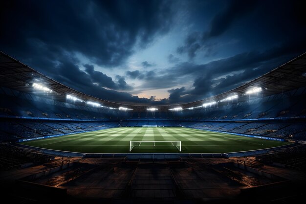 Vista frontal del estadio deportivo con fondo de luces.