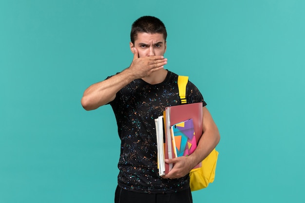 Vista frontal del estudiante masculino en camiseta oscura con mochila amarilla sosteniendo cuaderno y archivos cerrando la boca en la pared azul