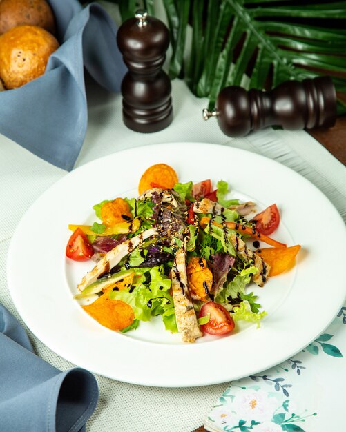 Vista frontal filete de pollo a la parrilla con ensalada de verduras y papas fritas en un plato