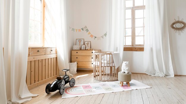 Vista frontal de la habitación infantil con diseño interior rústico