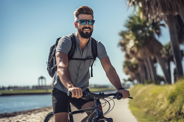 Vista frontal hombre en bicicleta al aire libre