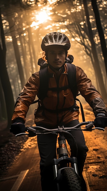 Vista frontal hombre en bicicleta al aire libre