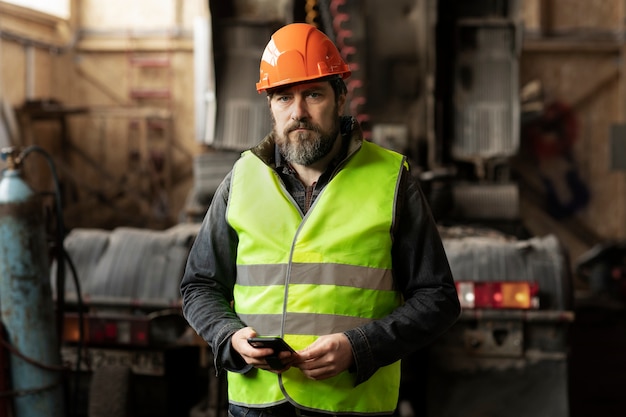 Vista frontal hombre con casco de protección